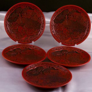 仙台堆朱製作所  銘々凤凰牡丹松树装饰盘 5件套