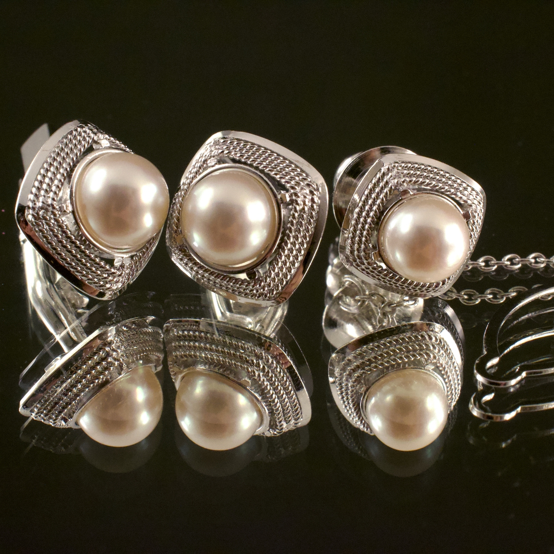 日本阪急百貨店HANKYU 天然珍珠 SILVER 领带扣,袖扣三件套 - 画像 (14)